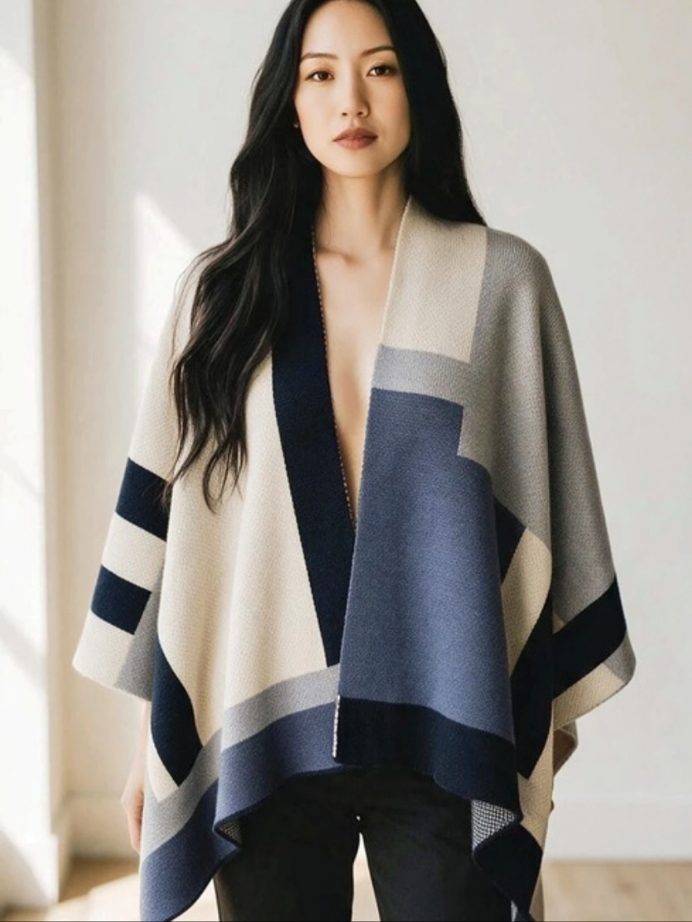 Charming Charlie Poncho Color Block Knit in Blue & Black Like New